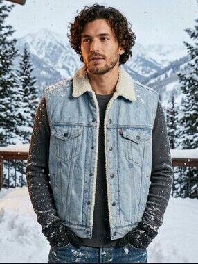 Small Vintage Levi's USA Made Light Wash Blue Denim Sherpa Lined Vest.